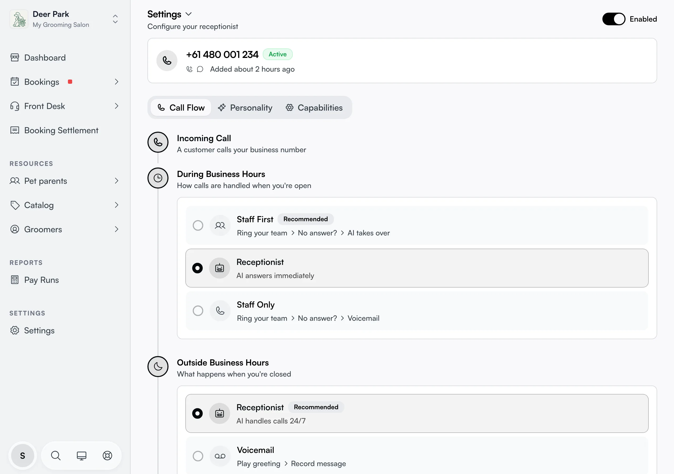 The Call Flow, Personality, and Capabilities tabs at the top of the Receptionist Settings page