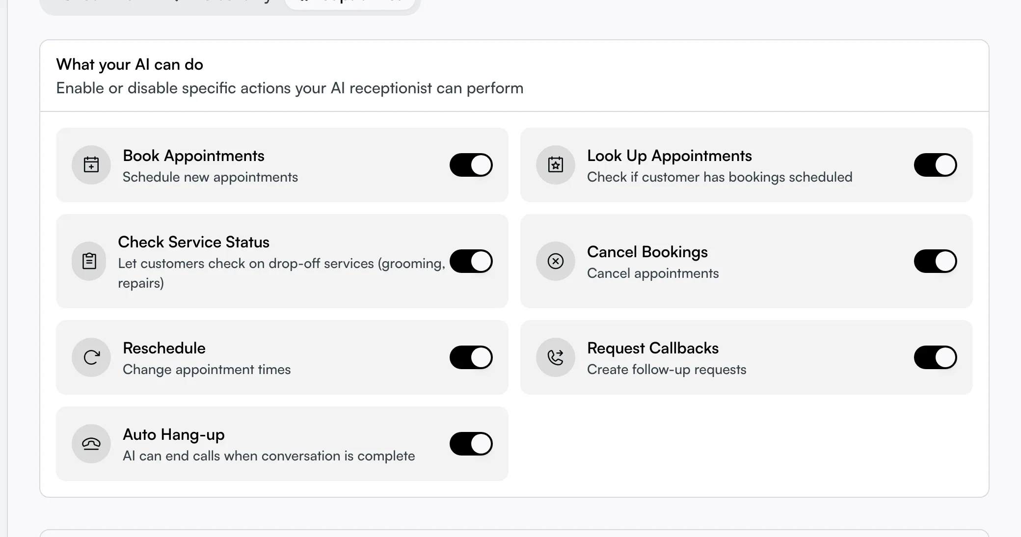 The Capabilities tab grid of action toggles