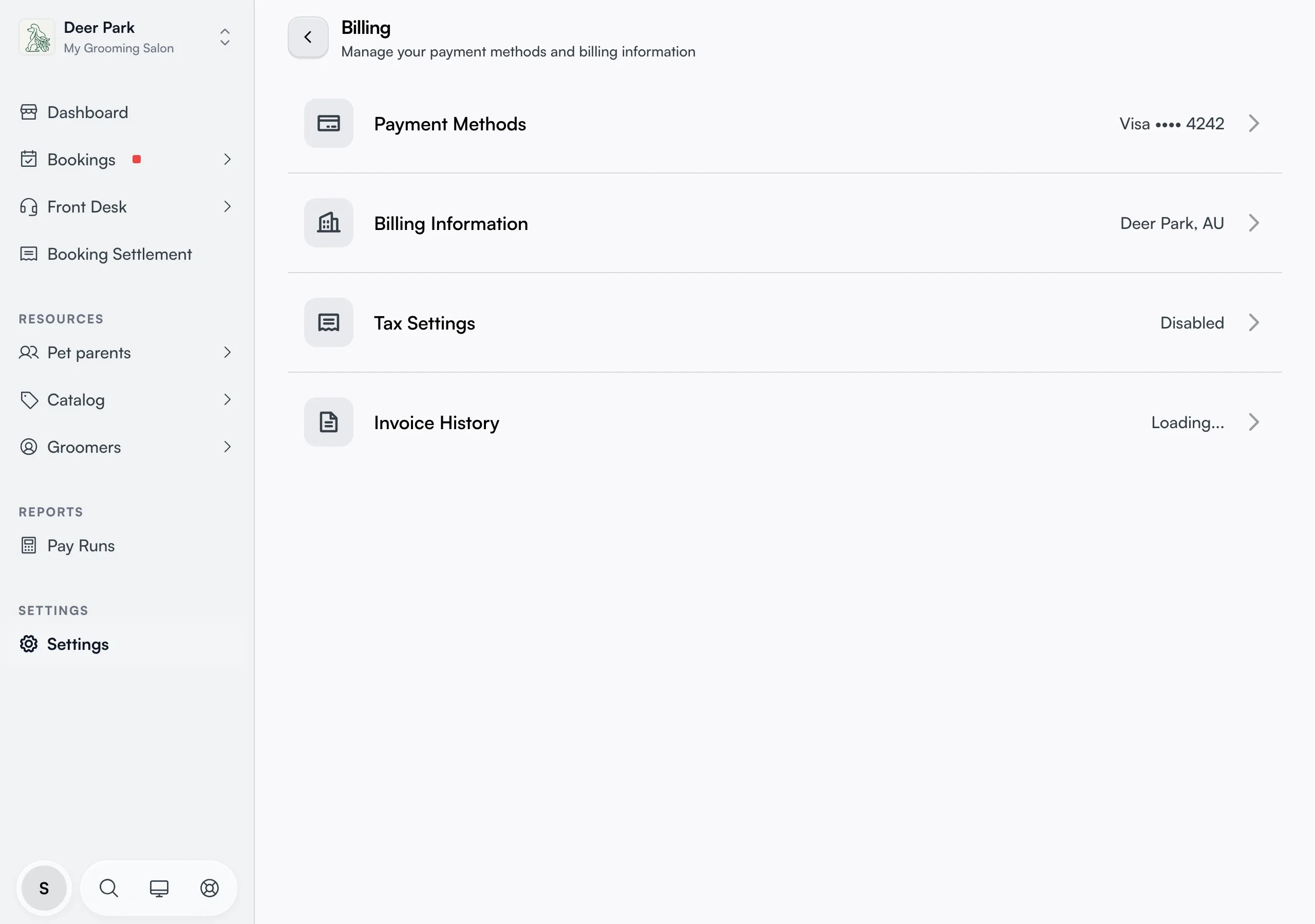 The Billing page showing the four rows with their summaries