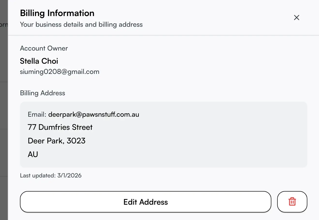 The Billing Information drawer showing the saved address and Edit Address button