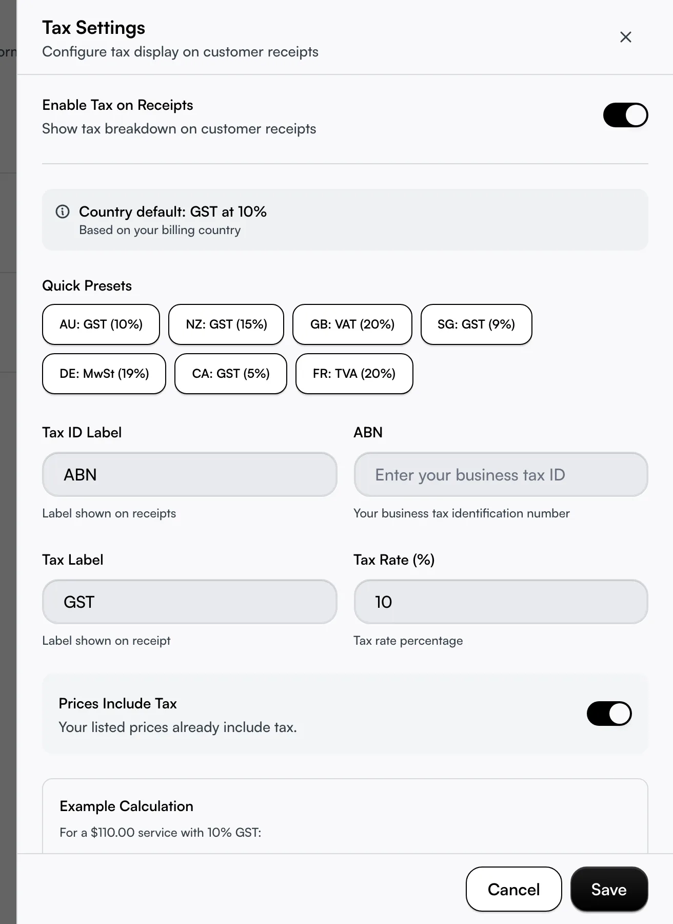 The Tax Settings drawer with the enable toggle, label and rate fields, and the example calculation