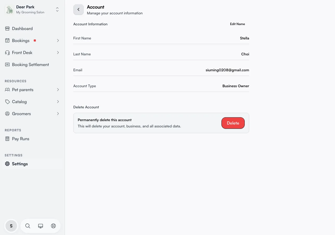 The Account page showing the Account Information section with name, email, and account type
