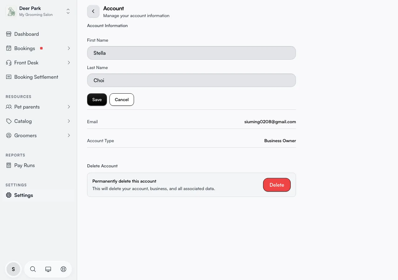 The name editor with First Name and Last Name fields and a Save button