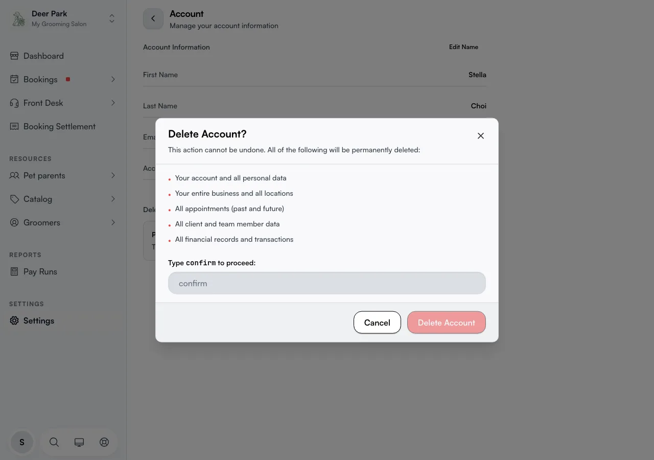 The Delete Account confirmation dialog listing everything that gets removed