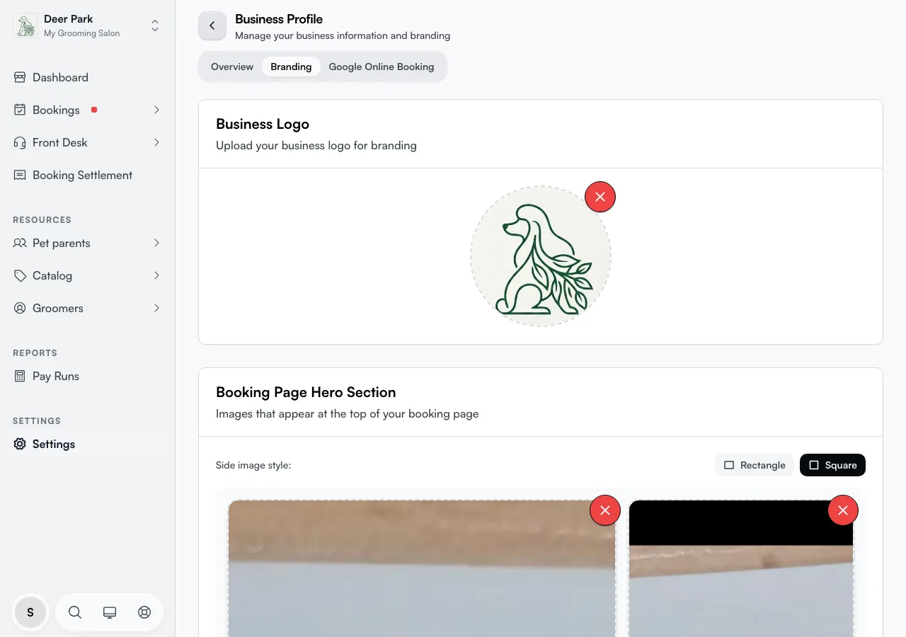 The Branding tab with the business logo and Booking Page Hero Section, including the Rectangle / Square side image style control