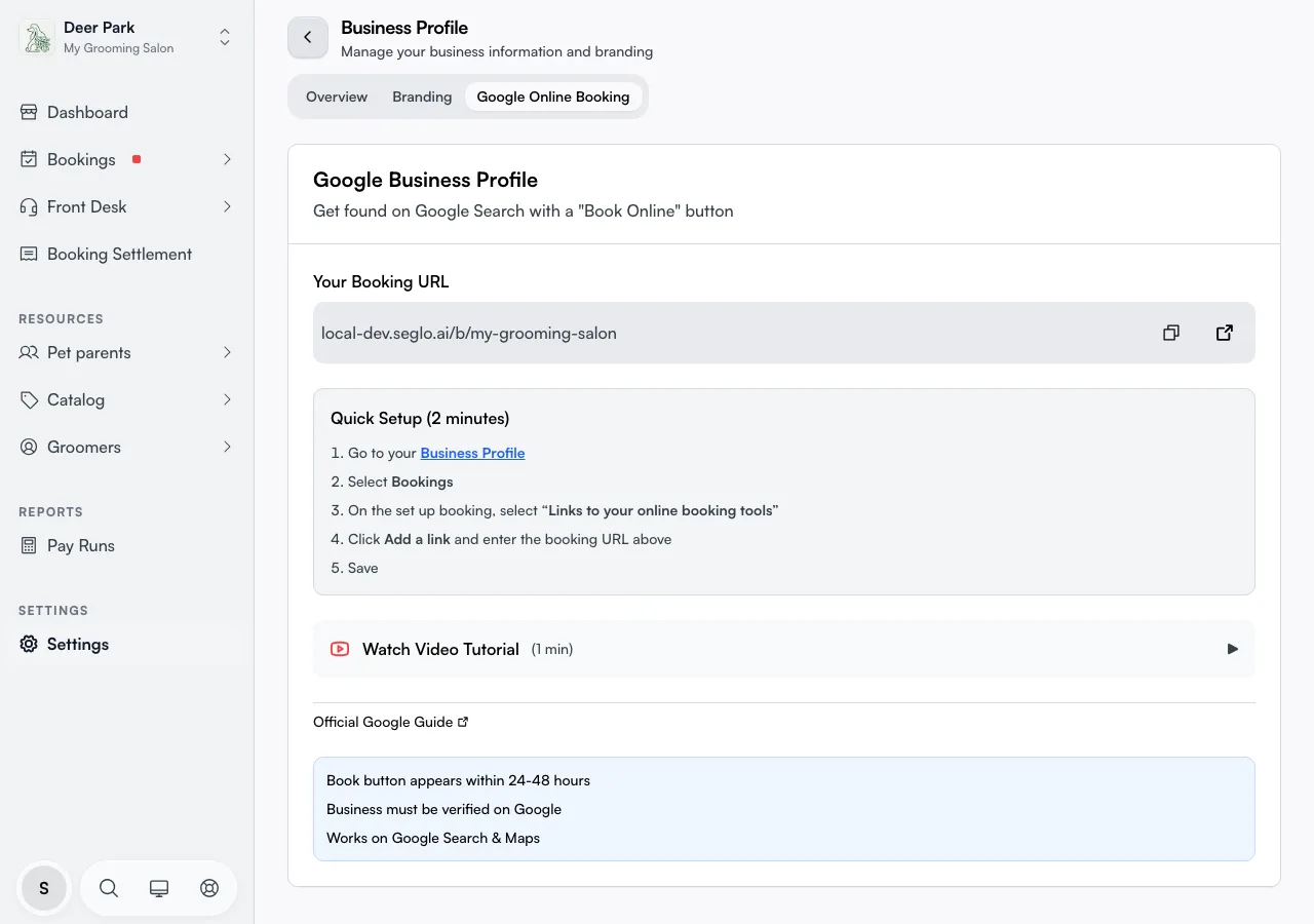The Google Online Booking tab with Your Booking URL and the Quick Setup steps