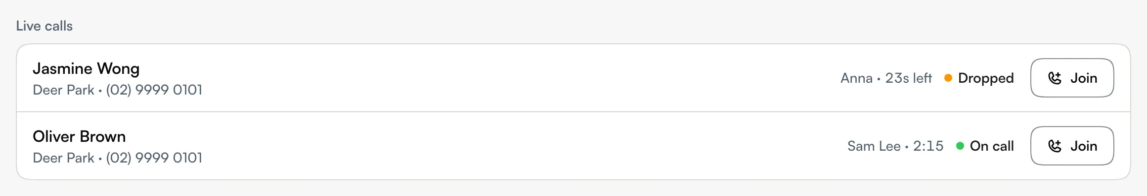 Live calls listing a Dropped call with 23s left and a call On call, each with Join