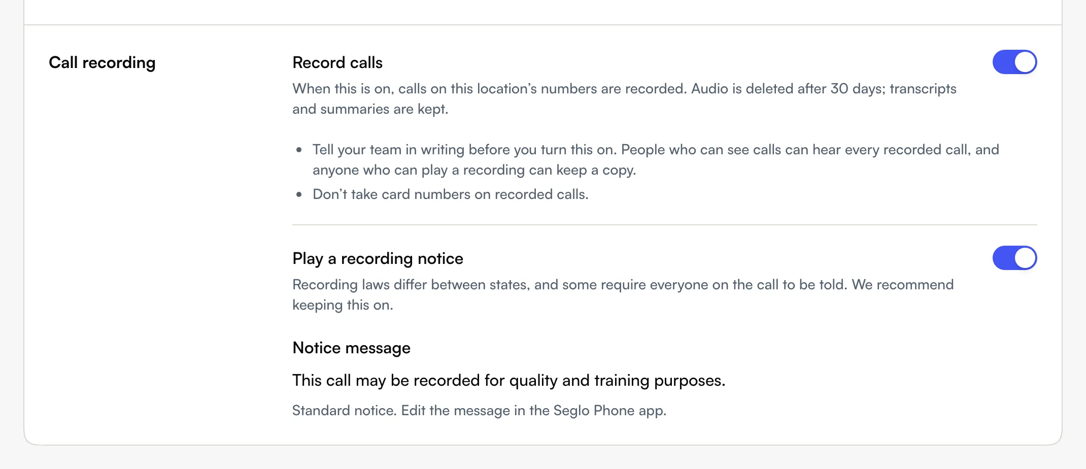 The Call recording section in web Call handling with Record calls and Play a recording notice switched on
