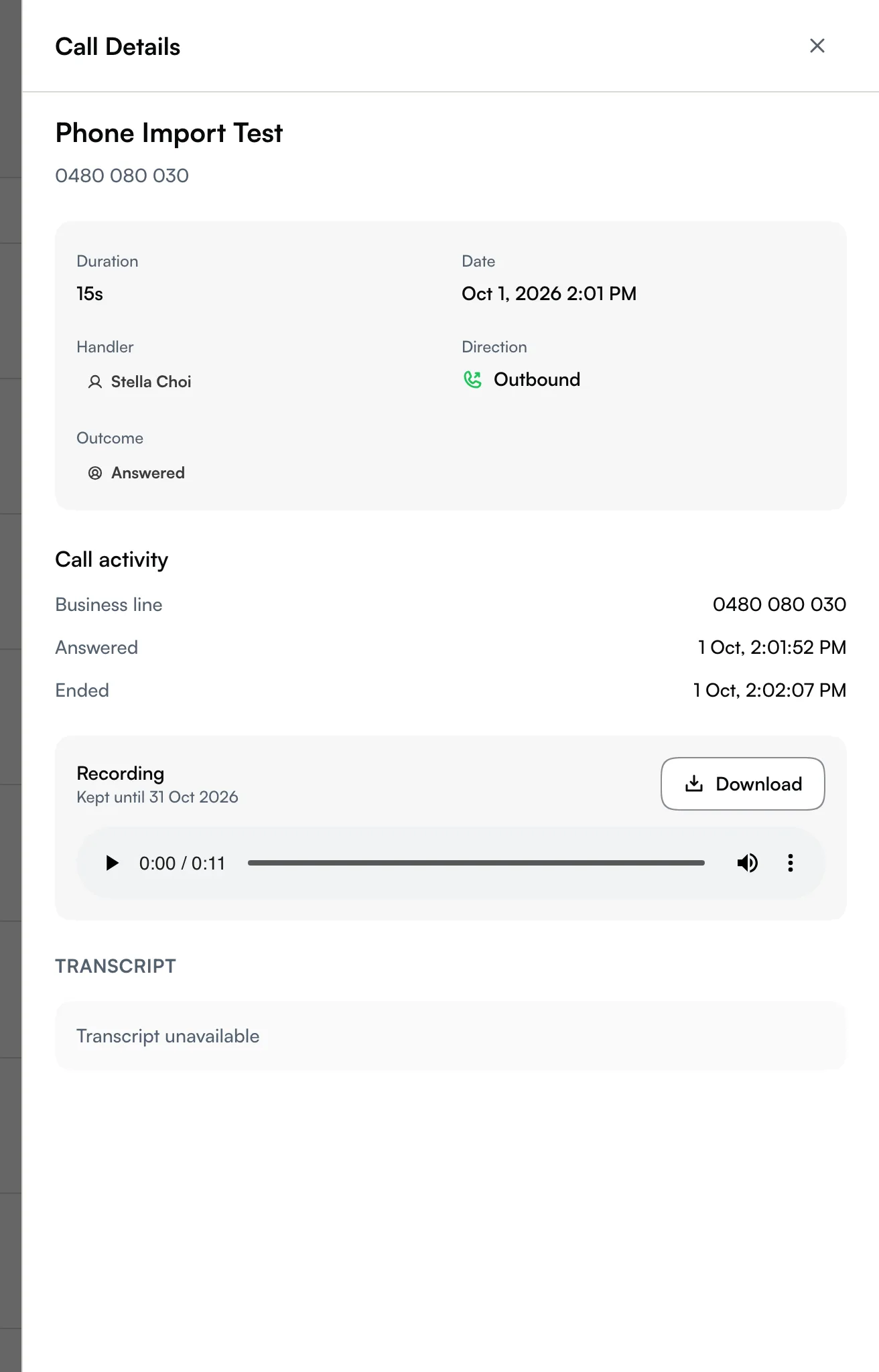 A recorded call in the web Call Details panel with the Recording player, Kept until date and Download button