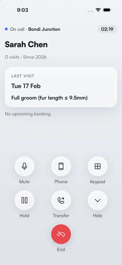 The call screen with Mute, Phone, Keypad, Hold, Transfer and Hide