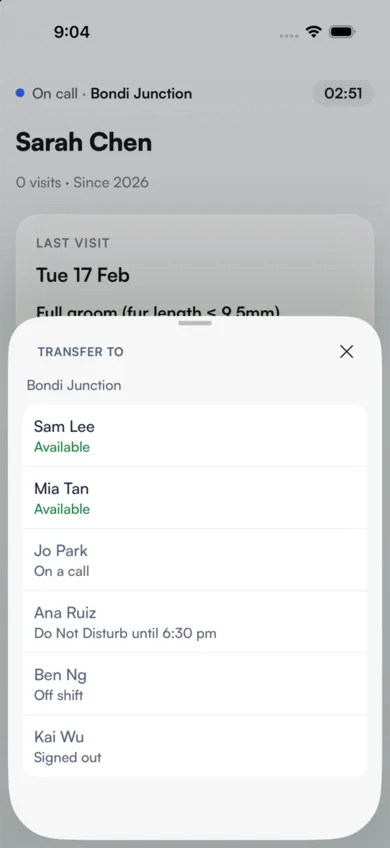 Transfer to, listing teammates as Available, On a call, Do Not Disturb, Off shift and Signed out