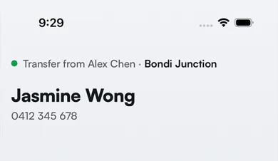 A ringing call showing Transfer from Alex Chen above the caller's name