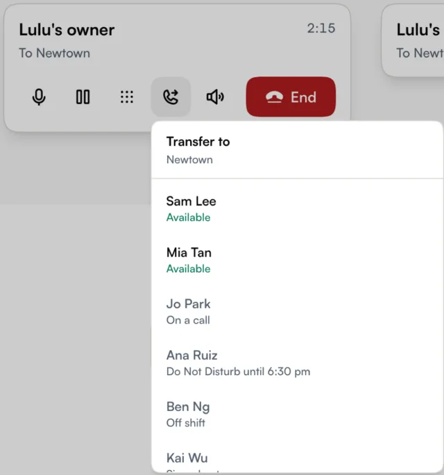The web call card with Transfer to open, listing teammates and what each is doing