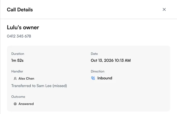 Call Details showing the handler and Transferred to Sam Lee (missed)
