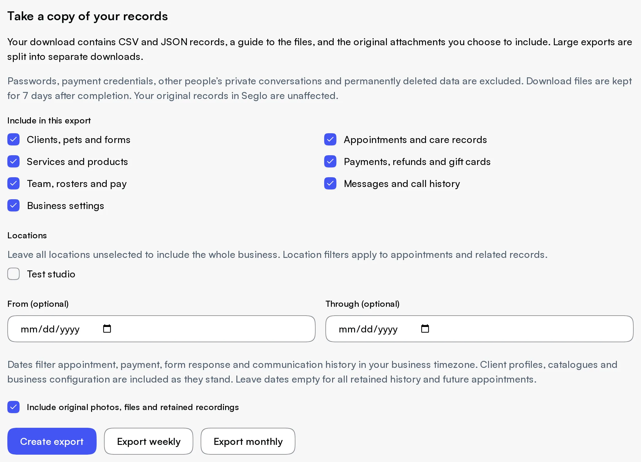 Choose record categories, locations, optional dates and original files before creating an export