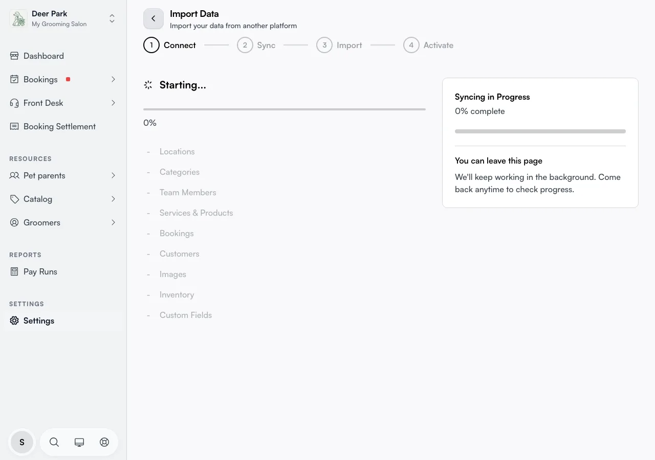 The Import Data page with the step bar at the top