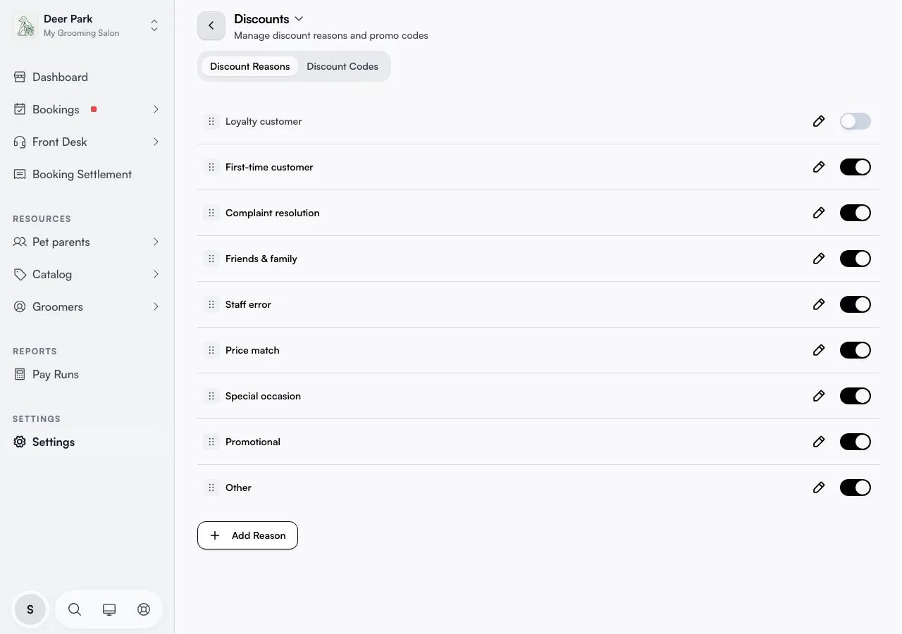 The Discount Reasons tab listing each reason with an edit pencil and an on/off switch
