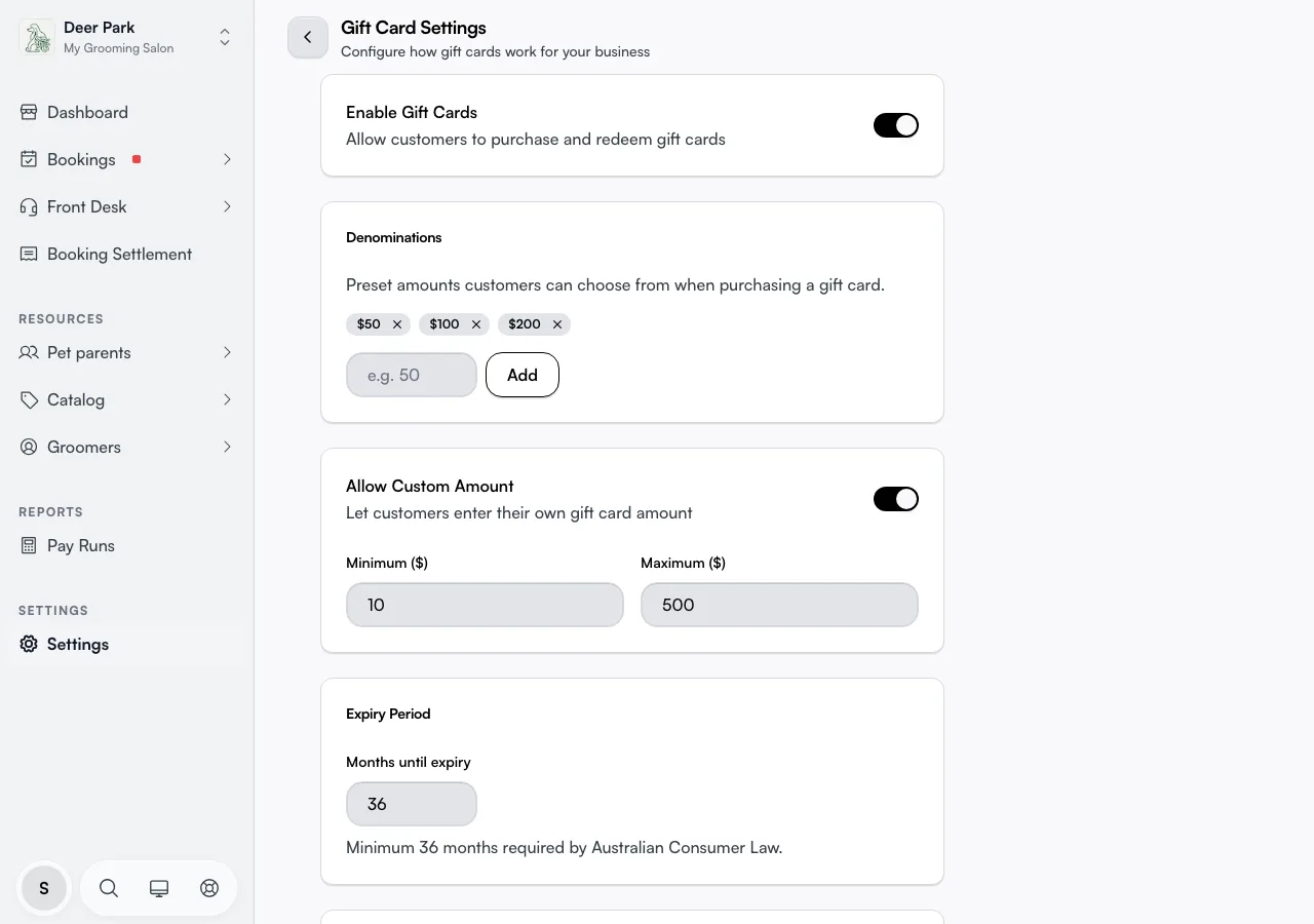 The Gift Cards settings list showing Enable, Denominations, Custom Amount, Expiry, and Accounting rows