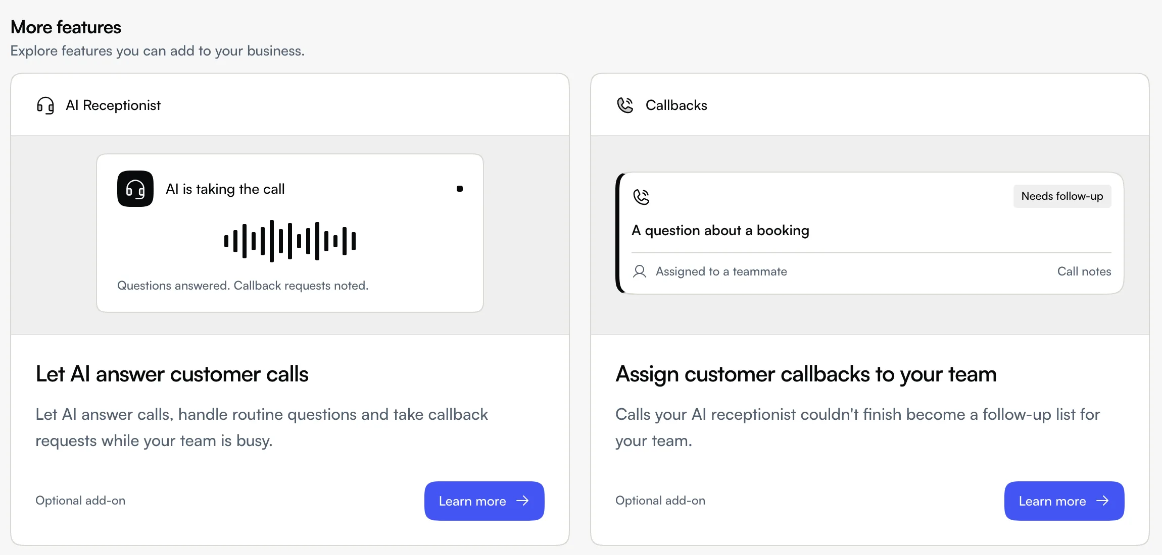 More features cards for AI Receptionist and Callbacks, each with what it does, Optional add-on and Learn more
