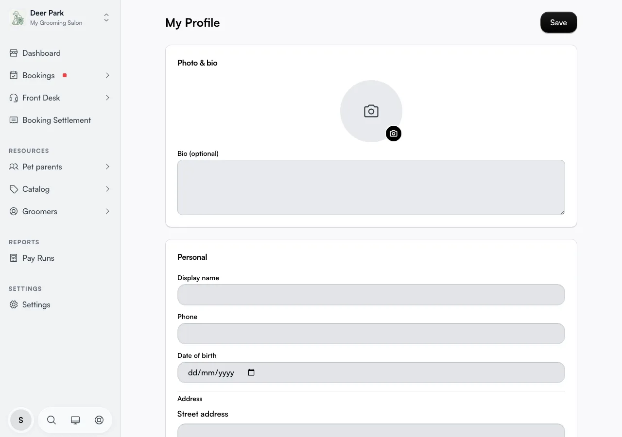 The My Profile page showing the photo, Details, Address, and Skills cards