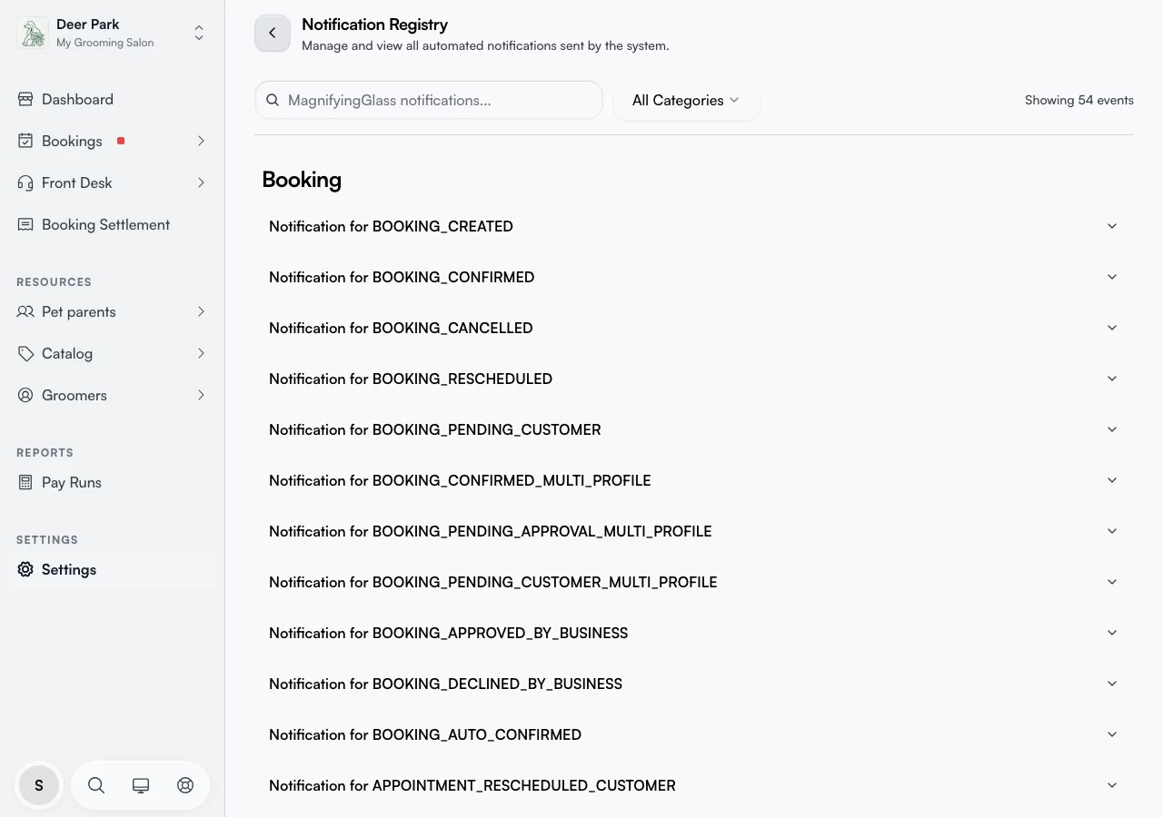 The notification registry grouped by category, with a search box and the All Categories filter
