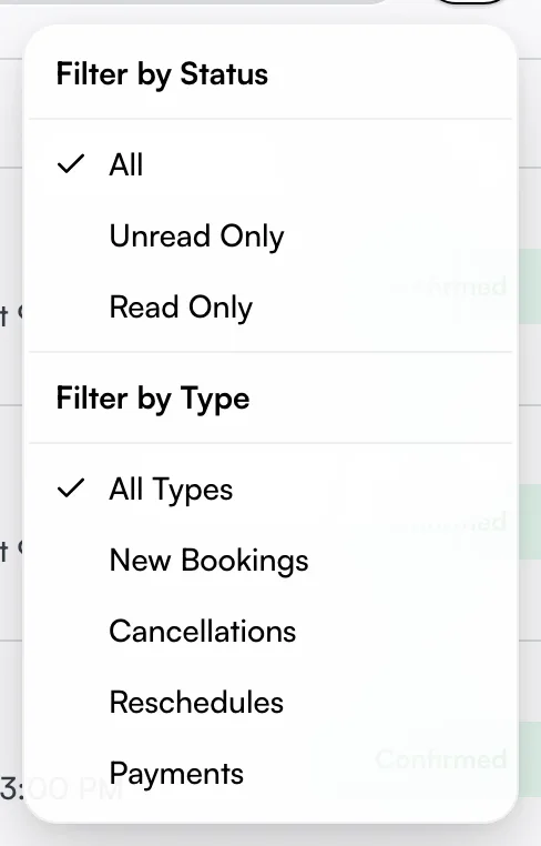 The filter menu open, showing Filter by Status and Filter by Type options