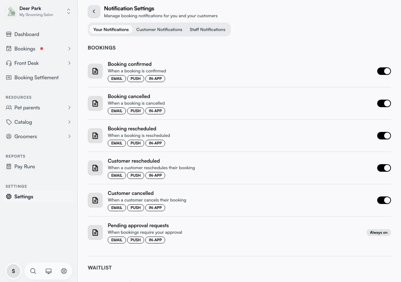 The Business tab with per-event channel tiles