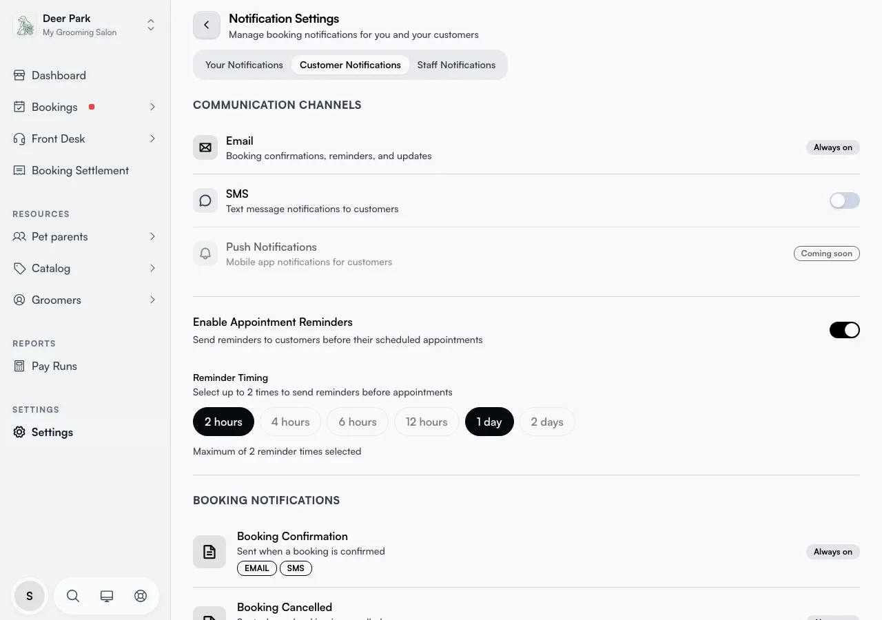 The Customer tab showing email, SMS, and push channels