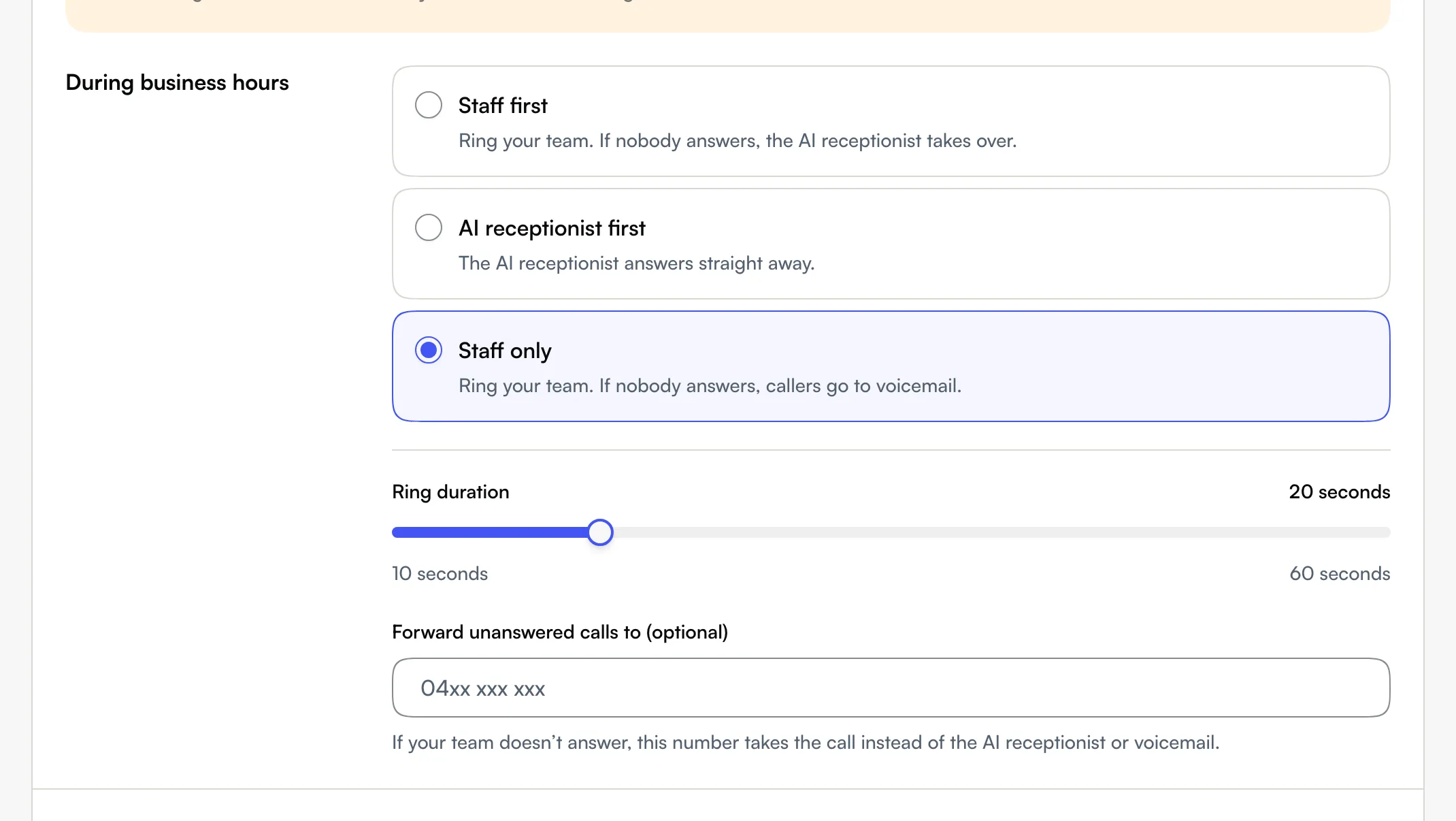 During business hours in web Call handling, with the three call flows, the ring duration slider and the forwarding number field
