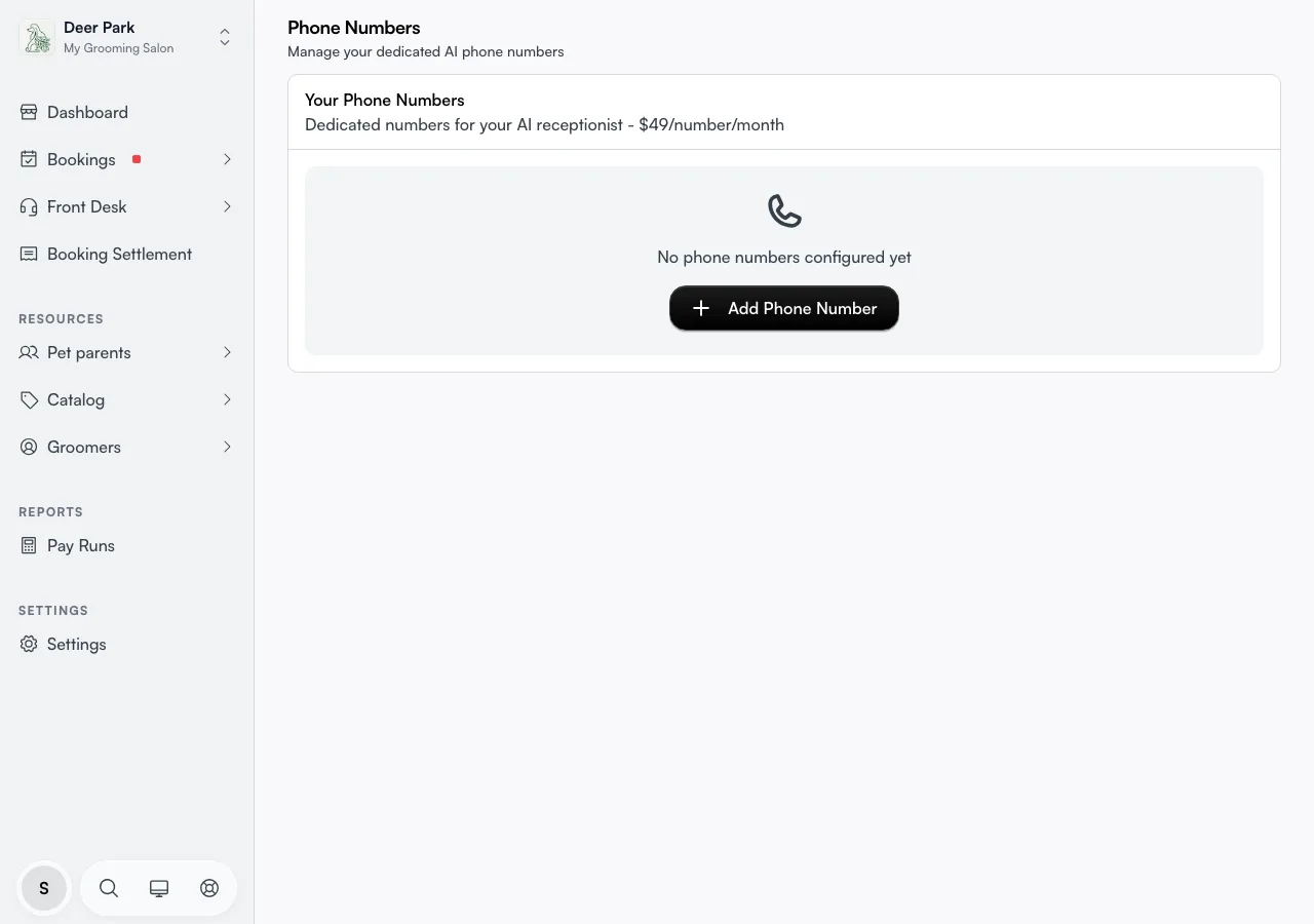 The Phone Numbers page empty state with the Add Phone Number button