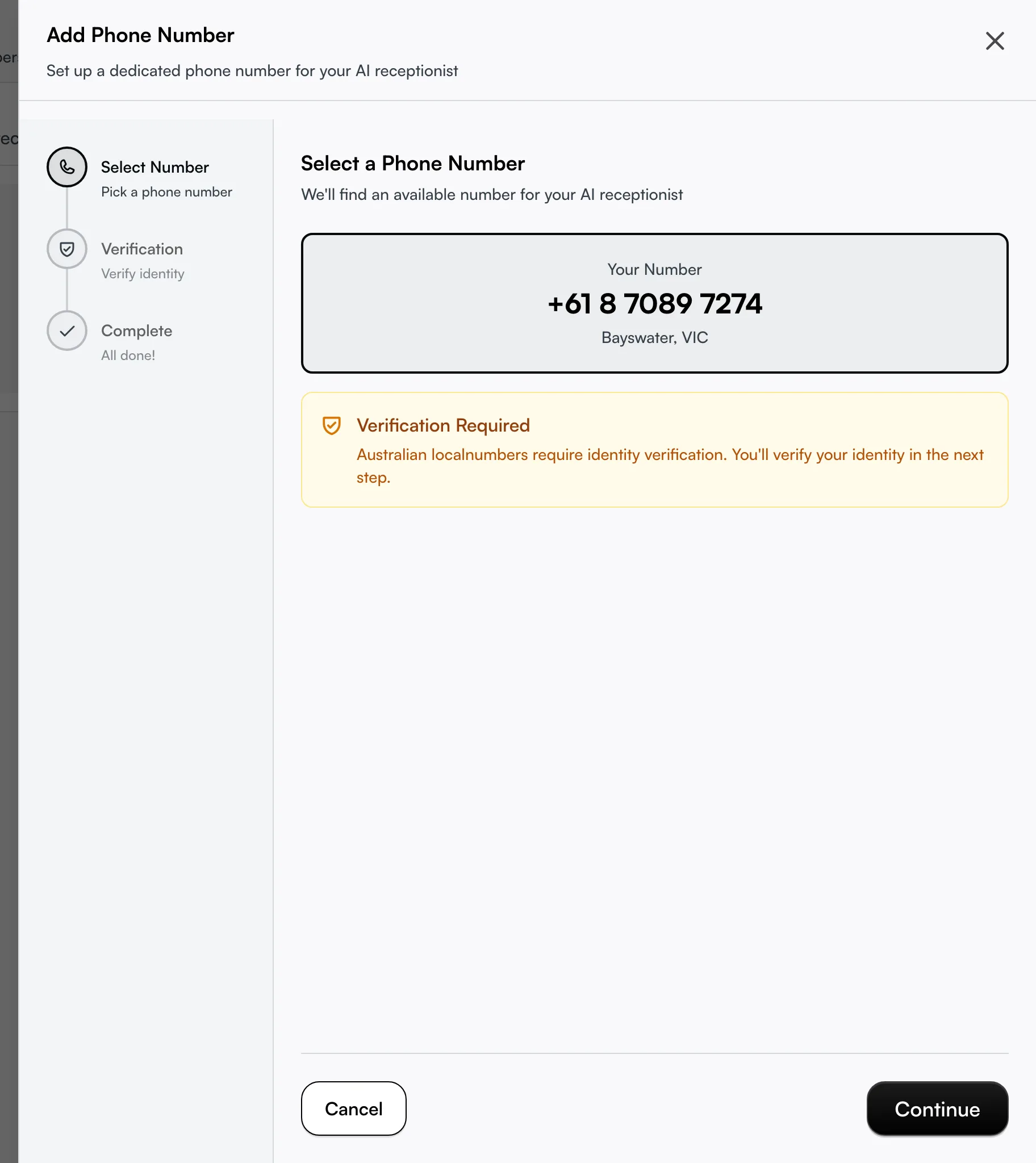 The Add Phone Number panel showing the Select Number step and the step list on the left