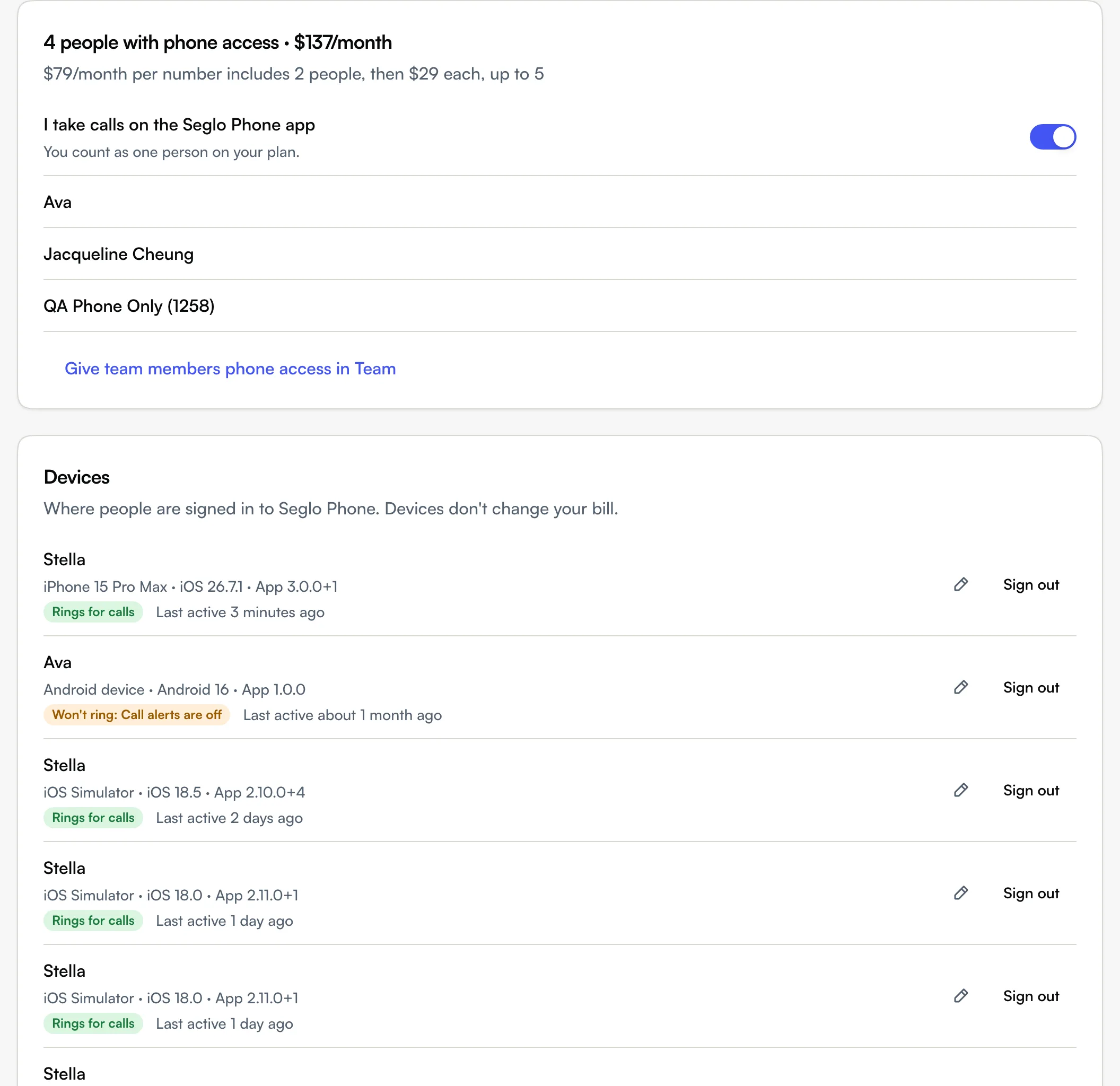 The Devices tab: people with phone access and the monthly total, the owner switch, and each signed-in device with Rename and Sign out