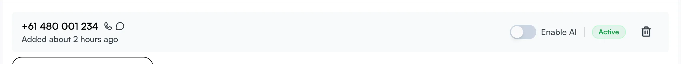 A phone number row with the Enable AI toggle, status badge, and release icon