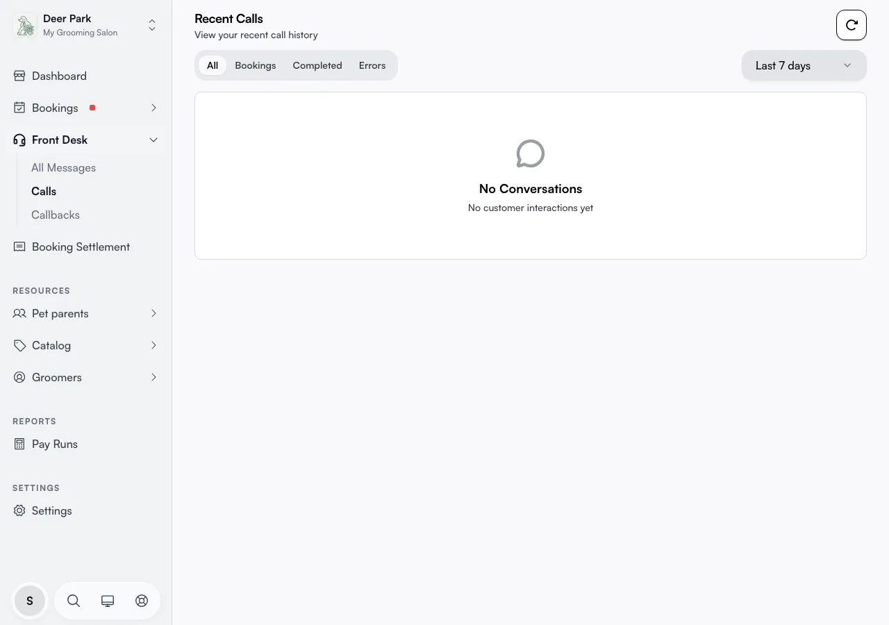 The Calls page with the handler and date-range filter bar across the top