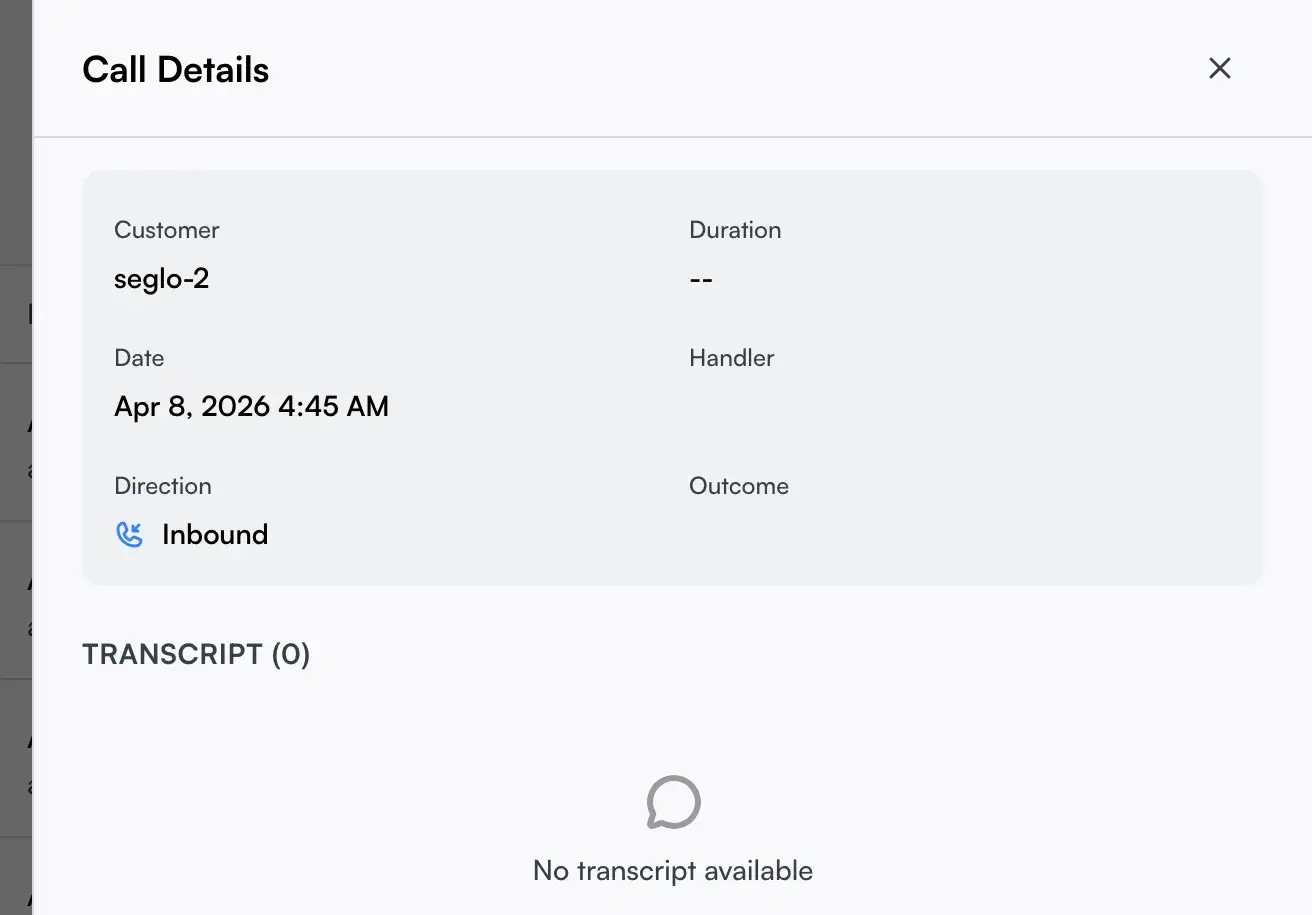 A call opened in the detail panel showing handler, summary, and transcript