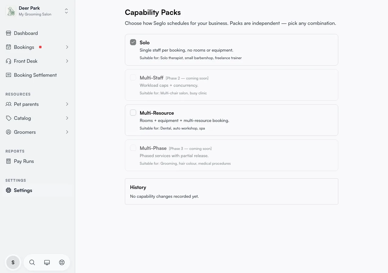 The Resources tab with the Rooms, Equipment, and Capacity Pools sections