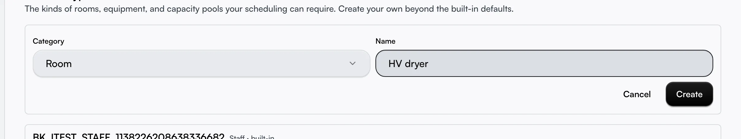 The Resource types tab showing built-in types and the New type form