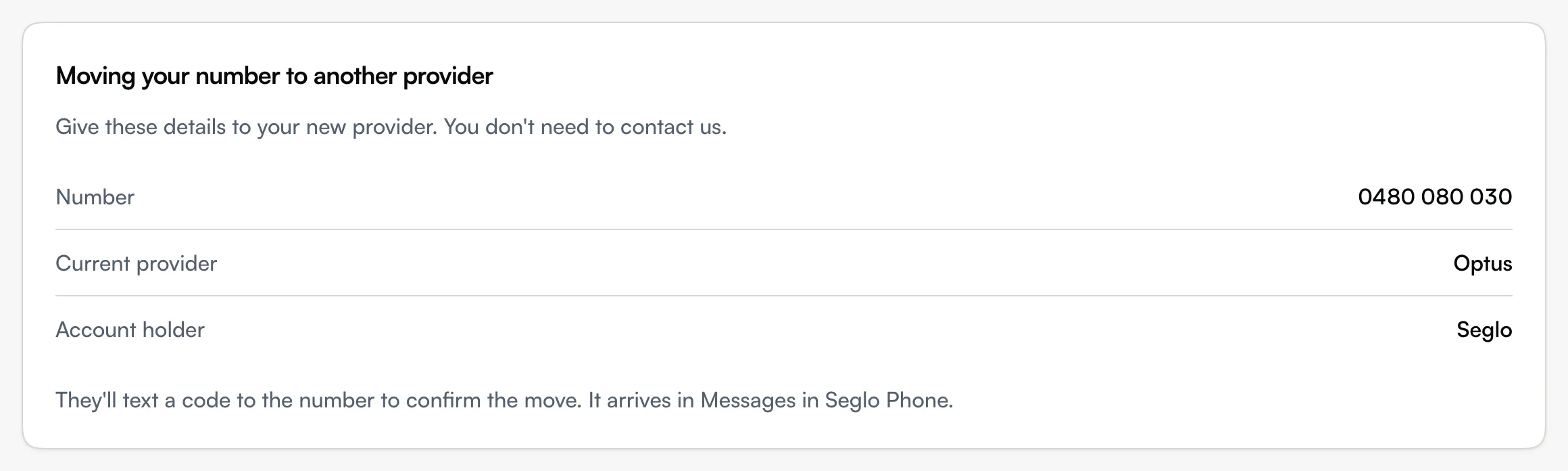 The Moving your number to another provider card with the number, current provider and account holder