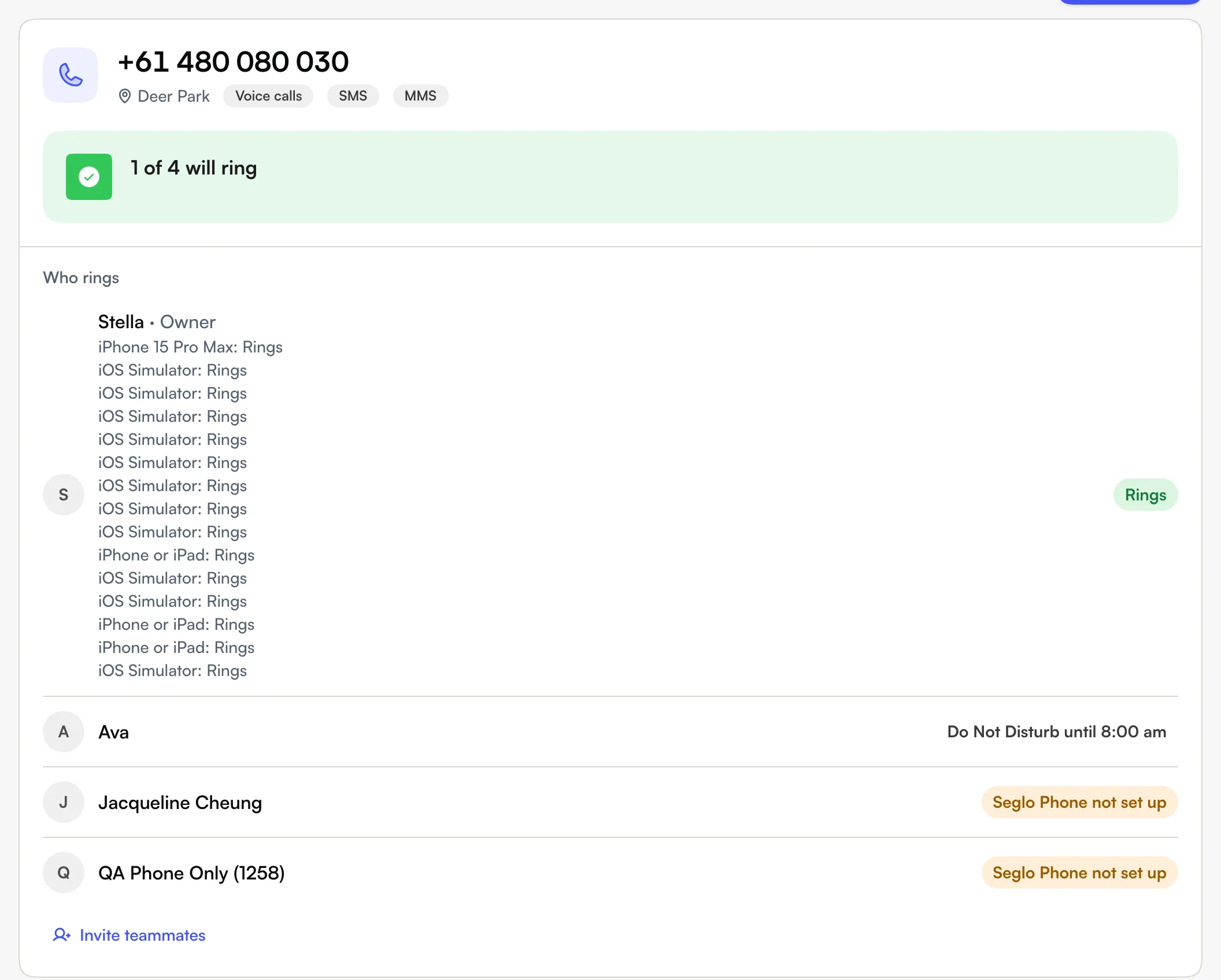 A number card on the Numbers tab showing "1 of 4 will ring" and the Who rings list with each person's reason