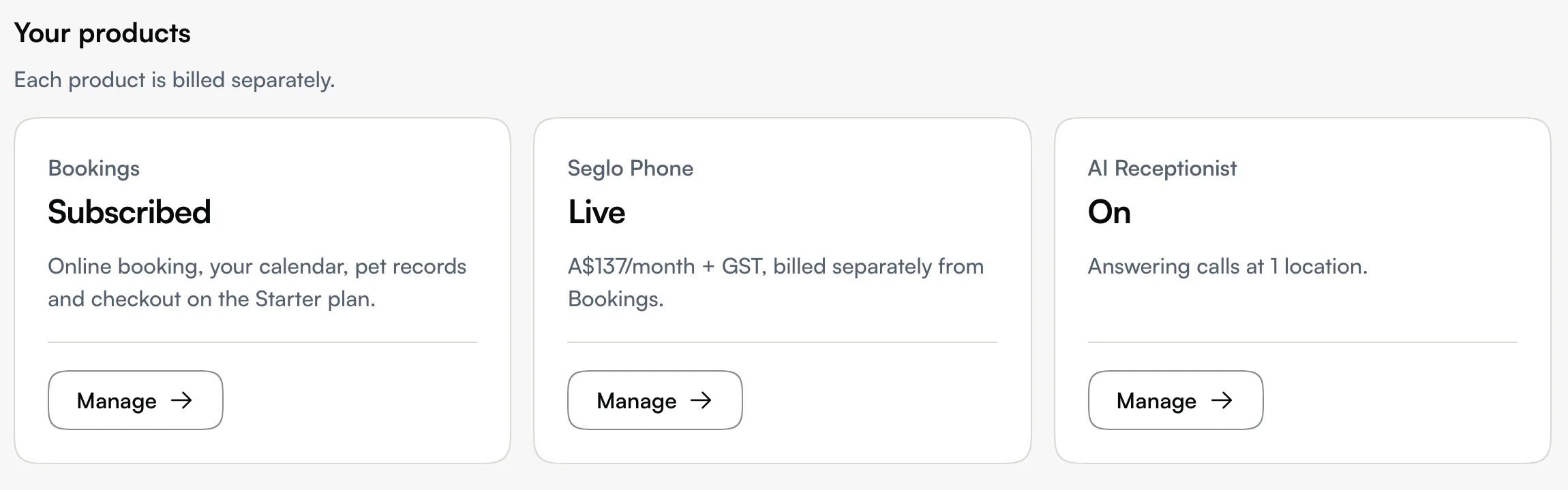Your products on the Subscription page: Bookings, Seglo Phone and AI Receptionist, each with its status and a Manage button