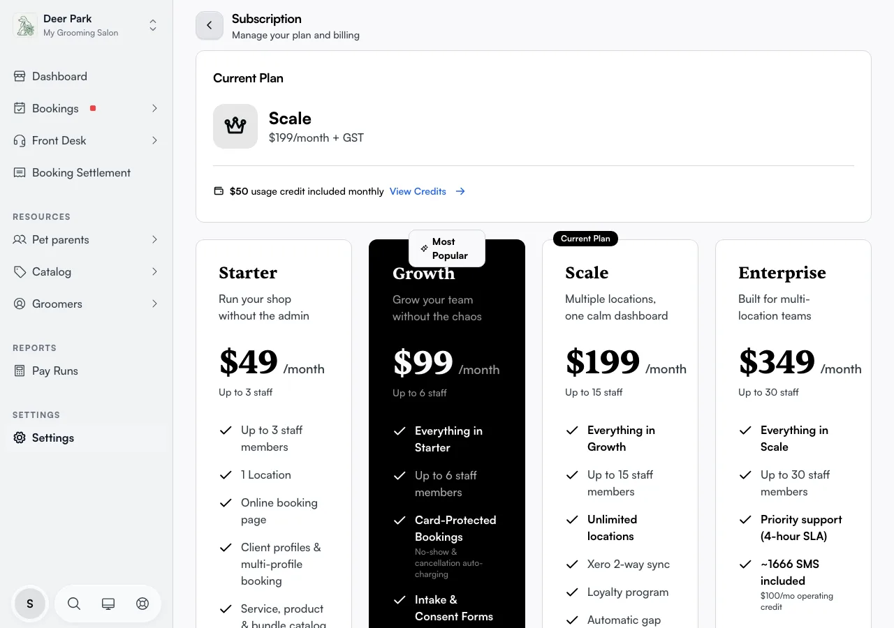 The Current Plan card showing tier name, monthly price, next billing date, and included credit