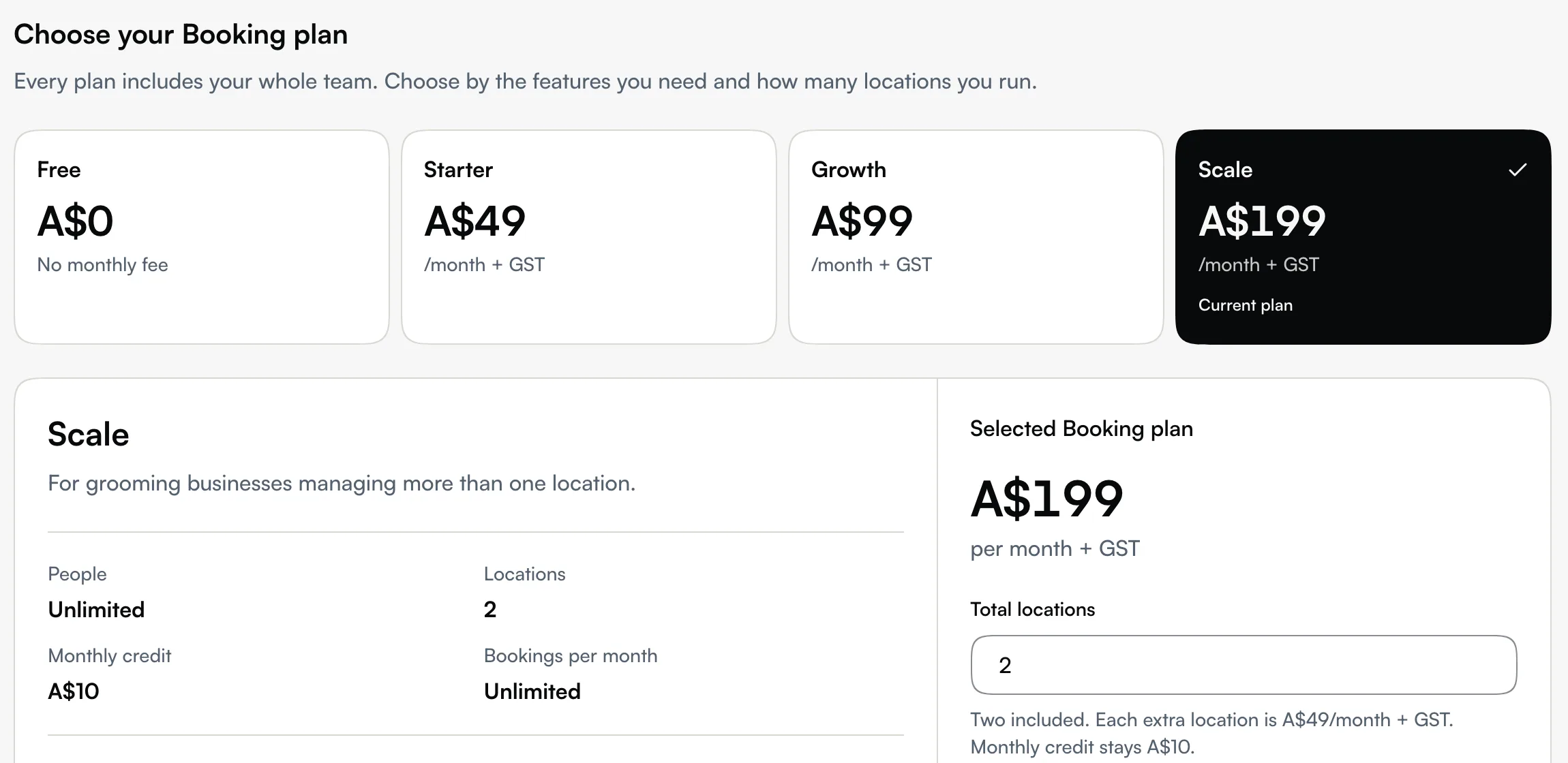 Choose your Booking plan, with the plans and the selected plan's people, locations, monthly credit and bookings per month