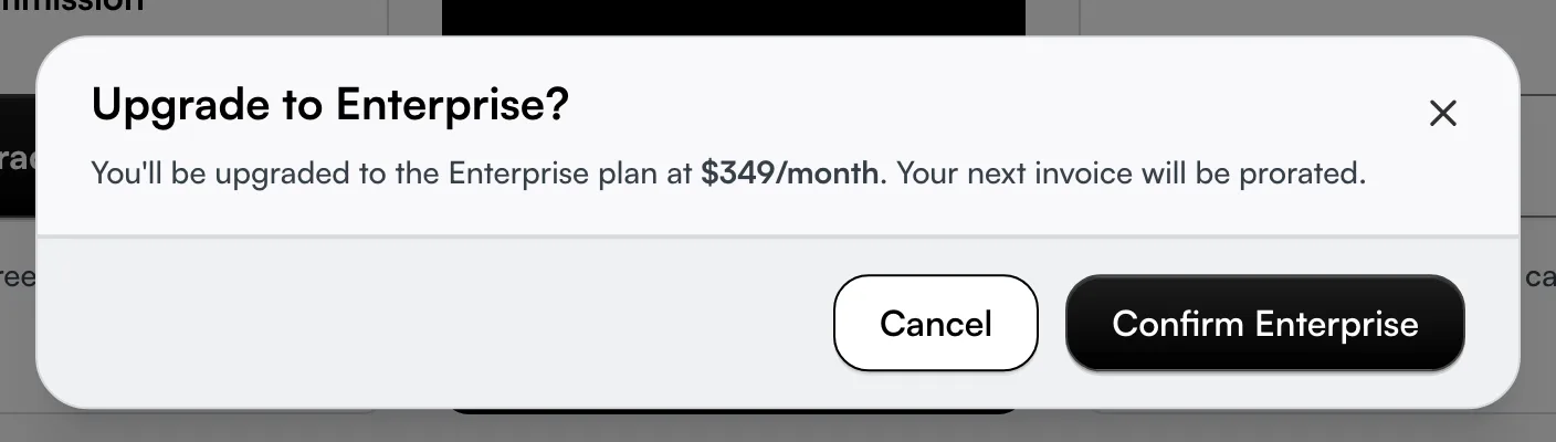 The upgrade confirmation dialog showing the new plan, its price, and Confirm and Cancel buttons