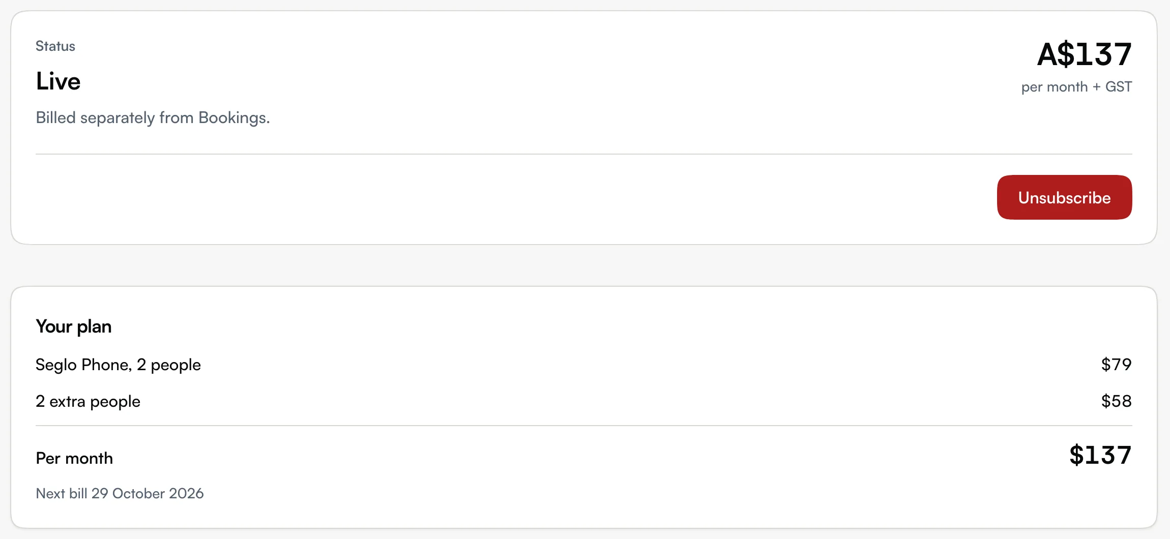 The Seglo Phone page for a live number, with its monthly total, the Unsubscribe button and the Your plan breakdown