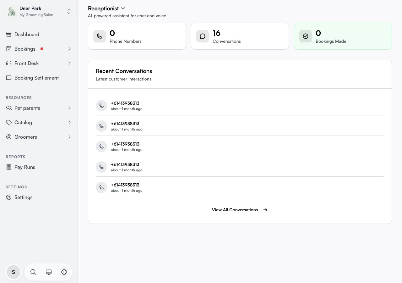 The receptionist dashboard — call volume, channels, and bookings made by the AI agent