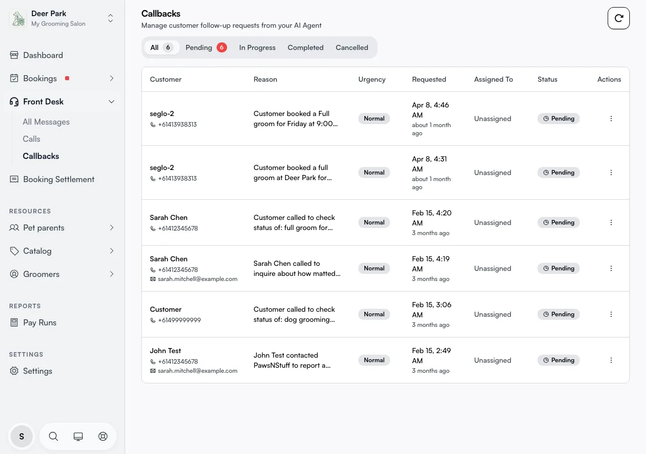 The Callbacks queue with status tabs and one row per follow-up request