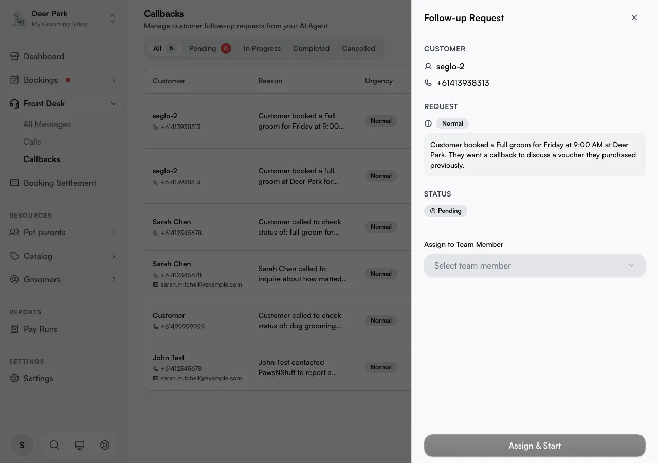 The follow-up drawer showing customer contact, the conversation summary, View conversation link, and the Assign to Team Member field
