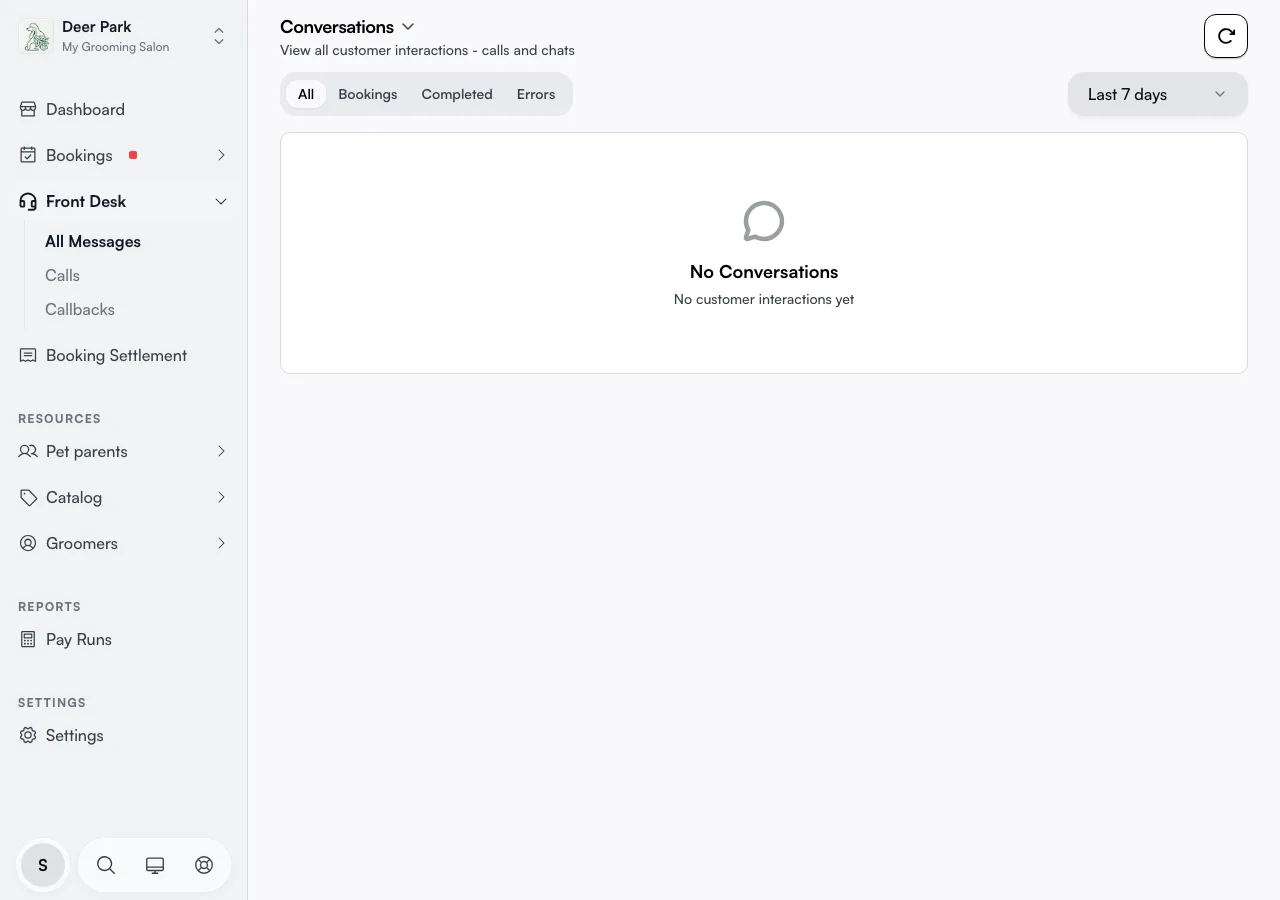 The Calls page with handler and date filters above a call log