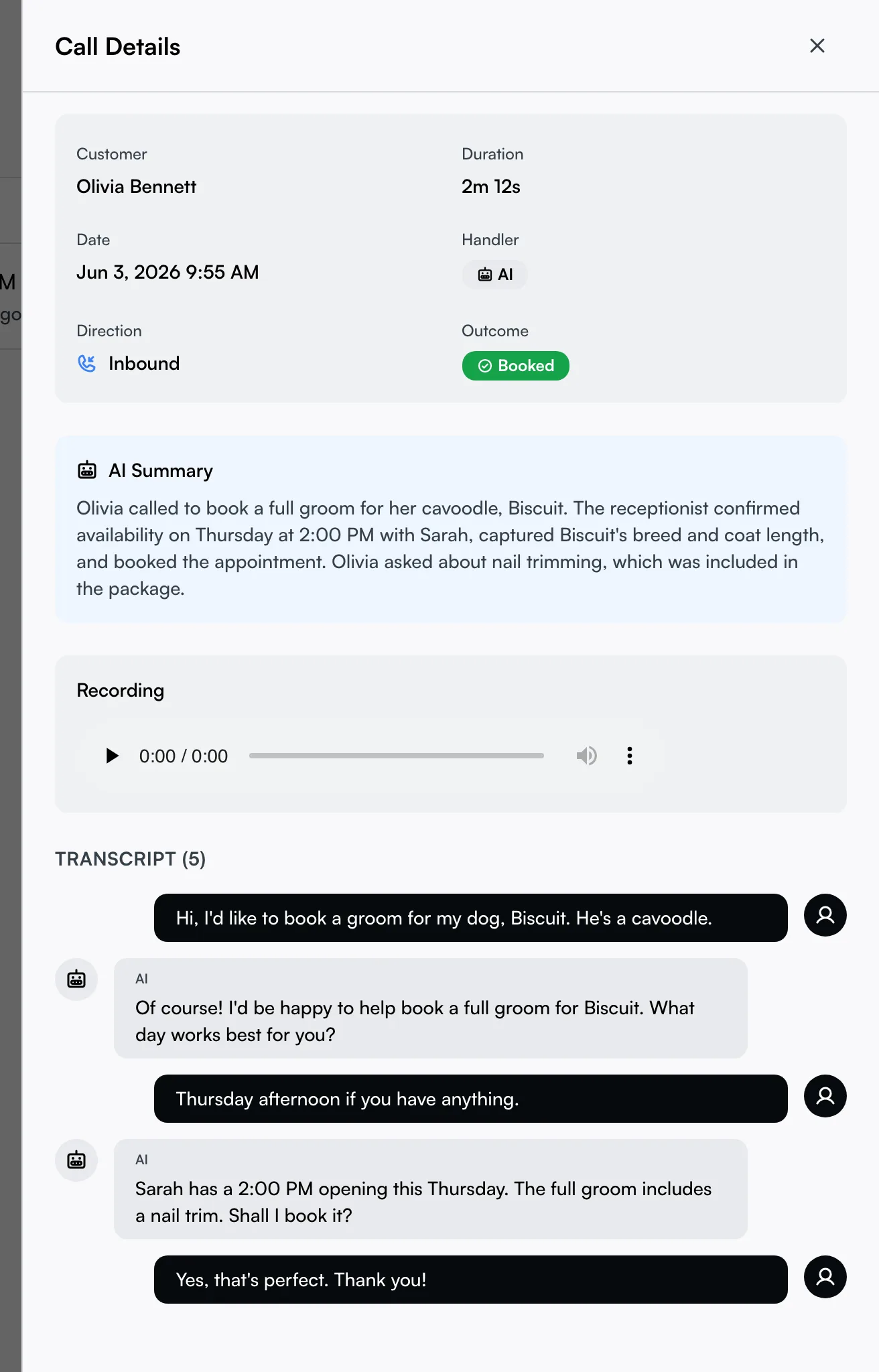 A call opened, showing the AI summary, recording player, and full transcript