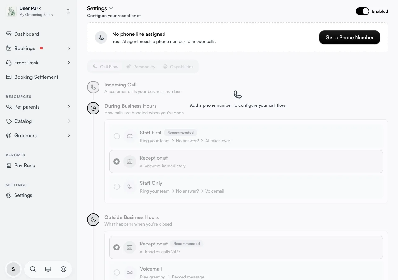 The receptionist call flow page with the phone line card and Get a Phone Number button